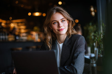 A girl sits in a cafe wearing a business suit. She works on a computer, looking focused and engaged. Soft lighting and cafe setting add to the atmosphere of productivity.の素材