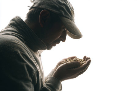 An agriculturalist stands in side profile, holding a handful of soy seeds. The background is white, creating a strong contrast. The agriculturalist wears a cap and focuses on the seeds.の素材