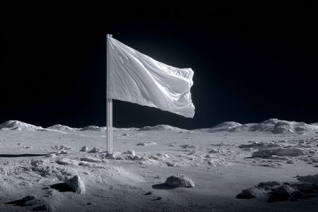 A white flag stands on the surface of the moon surrounded by rocky lunar soil. The scene captures the contrast of the flag against the dark sky, showcasing an extraterrestrial landscape.の素材