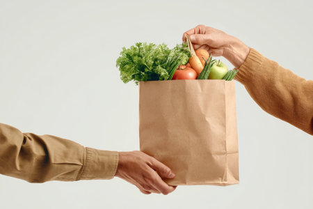 Two individuals are participating in a food donation campaign. One person hands a bag filled with fresh vegetables to another. The background is white and clean, creating focus on the action.の素材