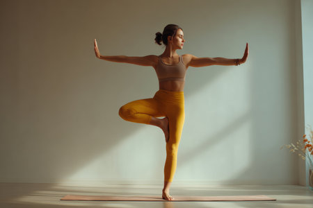 A young woman stands on one leg in a yoga pose while balancing her arms, in a brightly lit room during morning hours. The sunlight shines through a window, creating warm colors.の素材