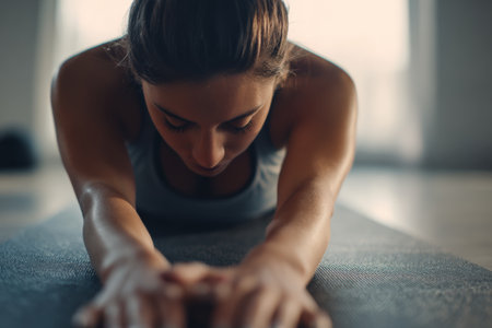 A person practices yoga on a mat in a bright room. They are stretching forward with arms extended. The sunlight comes through the windows. The atmosphere looks focused and calm.の素材