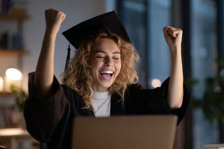 A young person wearing a graduation cap is celebrating with raised fists in front of a laptop at home in the evening. The setting includes soft lighting and indoor plants.の素材