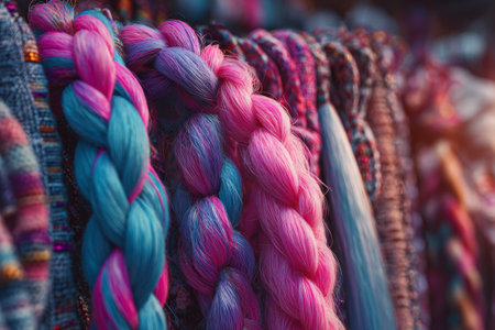 Close-up view of colorful braided hair at an urban street fair at night. The bright pink, blue, and purple strands stand out against various patterns and textures in the background.の素材