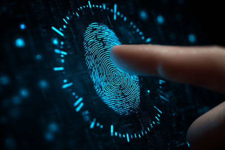 A hand is touching a digital fingerprint scanner on a screen. This technology illustrates how secure login systems work to protect personal data and prevent identity theft online.の素材