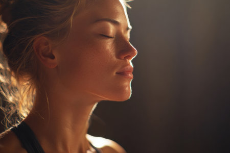 A woman with closed eyes focuses on her breathing in a low light setting. The soft light highlights her features as she sits in silence, immersed in her practice.の素材