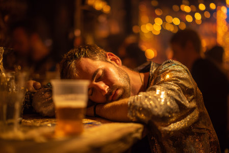 A person rests their head on the bar after a night of celebration. Empty glasses are nearby. Soft lights illuminate the space creating a lively atmosphere.の素材