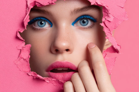 A young woman with blue eyeliner and pink lipstick peers through a ripped hole in vibrant pink paper while playfully touching her face. The colors pop, adding energy to the scene.の素材