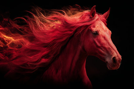 A horse stands with its mane flowing in an imaginative way. The bright red color contrasts with the dark background, giving a dynamic look. Light highlights the horses features and movement.の素材