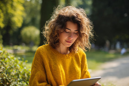 A woman sits on a path in a park while looking at a tablet. She wears a yellow sweater. Trees and greenery surround her in the background. It is daytime and sunny.の素材