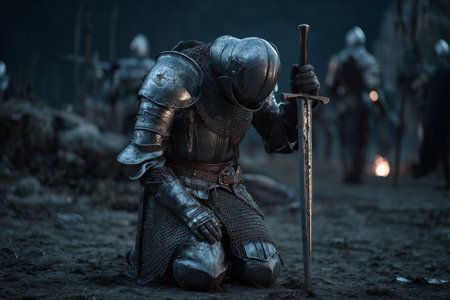 A knight in plate armor kneels on muddy ground at the battlefield, holding a sword in the moonlight. Surrounding him are other warriors in the distance, marking a lost battle.の素材