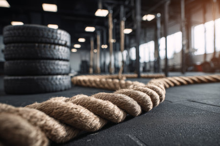 Tires are stacked on the floor of a gym. A thick climbing rope lies nearby on the floor. Sunlight comes through large windows illuminating the space.の素材