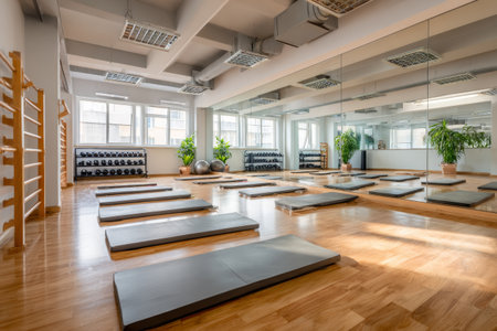 The space shows several exercise mats arranged on the wooden floor. Weights are placed on shelves against the wall. Large windows allow sunlight to fill the room.の素材