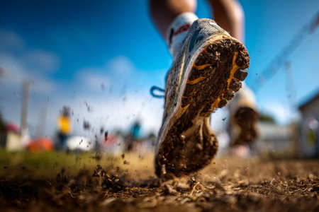 Shoes push off the ground with dirt and mud flying in a running event on a sunny day. A runner is blurred in the background, adding to the sense of motion and energy.の素材