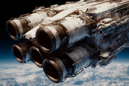 Engine shafts of a large spaceship are shown in detail. The camera captures the metallic structures against the backdrop of clouds and space.の素材