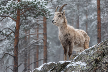 A mountain goat is seen on a rock, looking out over a snowy landscape. Pines covered in snow are visible in the background, highlighting the cold winter day.の素材