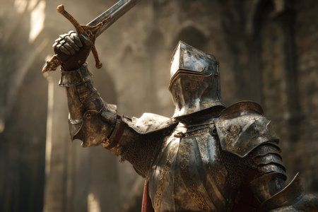 A knight stands in a castle courtyard, wearing shining armor while raising a sword high above. Sunlight streams through arches, creating a dramatic scene. The knights posture suggests readiness.の素材