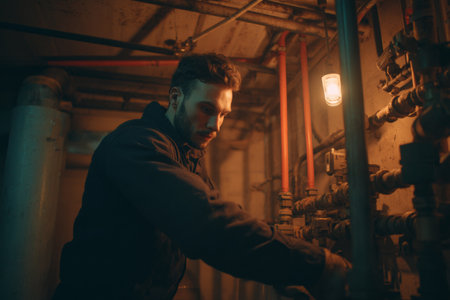 A man works on installing heating pipes in an industrial basement environment. The scene is lit with warm, cinematic lighting creating shadows on the walls.の素材