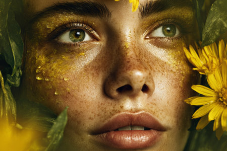 A girl takes care of her skin in provence. She is surrounded by flowers and natural elements. The focus is on her well-groomed face showing a healthy glow.の素材