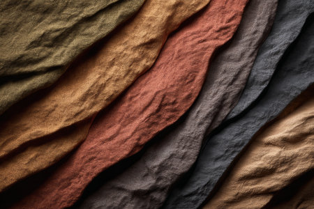 Linen fabric in shades of olive, terracotta, oat, and stone is arranged in layers on a flat surface, showing its crinkled texture and natural forms.の素材