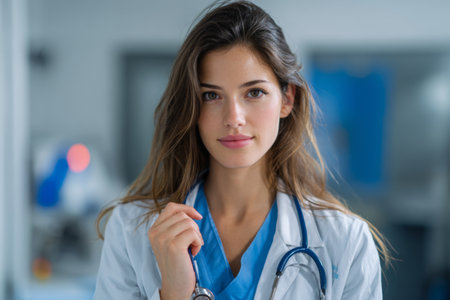 A female doctor with long brown hair is in a hospital room. She wears a white lab coat and blue scrubs. She holds a stethoscope on her neck and looks directly at the camera.の素材