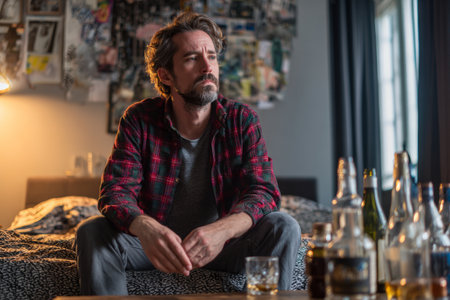 A man sits on the edge of the bed looking thoughtful after a night of heavy drinking. Empty bottles and glasses surround him in a messy room filled with morning light.の素材