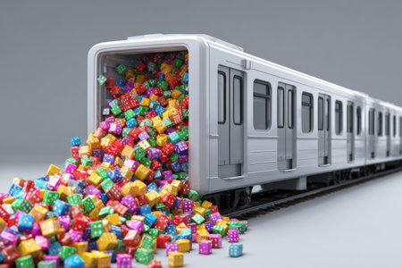 A train car is seen from the side with open doors. Colorful 3D casino dice and stacks of dollars are spilling out. The scene is created in a flat design style using black and white tones.の素材