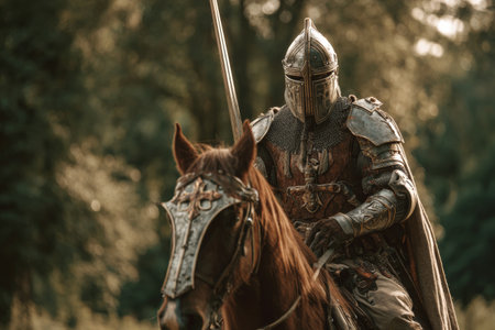A knight in medieval armor rides a brown horse through a lush forest. The knight holds a sword and shield, ready for battle in a historical setting.の素材
