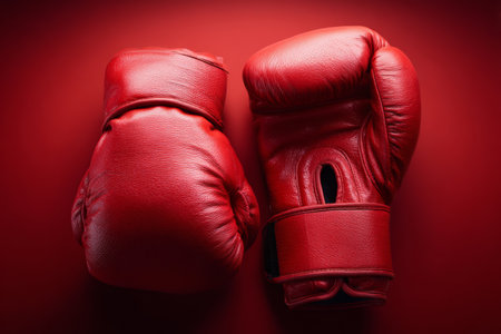 Two red boxing gloves sit side by side on a red background. They are made of leather and are used for training or competition. The scene captures the essence of boxing culture.の素材