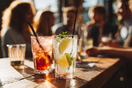 A group of friends enjoys their time at a high-end bar. Drinks are placed on the table as they engage in conversation and laughter. The lighting adds warmth to the scene.の素材