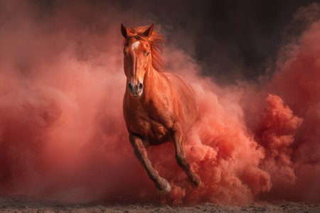 A horse runs swiftly through a cloud of red dust in an outdoor arena. This scene captures the energy of the moment during late afternoon light.の素材