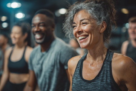 People are participating in a workout session at a fitness studio in the evening. They show smiles and seem to enjoy the activity together. Various individuals are present, engaging in exercises.の素材