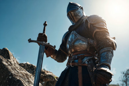 A medieval knight in dark decorated armor stands on a rock against the blue sky. The knight holds a sword, ready for action. The sun shines brightly, enhancing the details of the armor.の素材