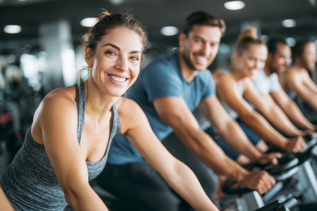 Participants take part in a cycling class with smiles in a gym setting during the morning. The atmosphere is energetic with people focused on their workout sessions.の素材
