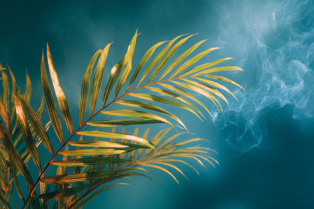 Greenish background has palm branches with smoke adding a natural touch. Bright lighting emphasizes the details of the leaves and creates interest in the scene.の素材