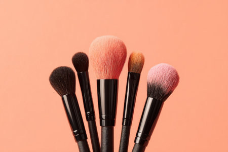 Makeup brushes in various sizes are displayed alongside a blush on a peach background. Soft lighting highlights the textures and colors of the products in high detail.の素材