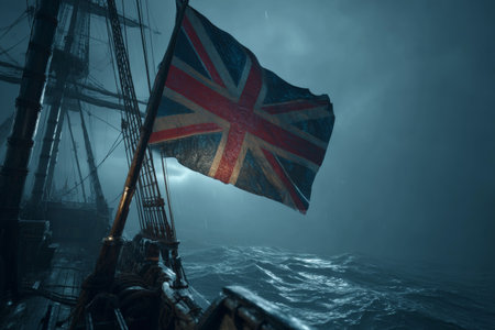 A British flag waves from the mast of a wooden ship. It is dark with low dim light and the flag shines softly in the night. The sea is stormy and the scene is dramatic.の素材