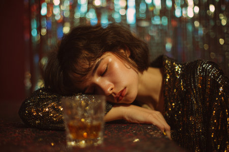 A young girl struggles with a hangover after a party. She leans her head on her arm at a table. A glass sits beside her. Colorful lights shine in the background.の素材