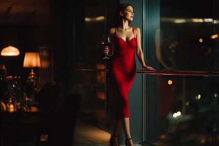 A girl holds a glass of red wine while standing near a glass wall in a restaurant. The setting is dimly lit with soft lighting and an evening atmosphere.の素材