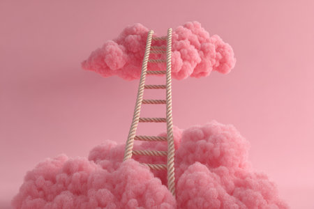 A rope ladder is positioned on a pink cloud over a smooth pink background. The scene shows the ladder leading toward the cloud, creating a whimsical setup.の素材