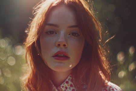 A person stands in a lush green area during summer, surrounded by soft light. The face shows emotion and connection to the moment. The scene captures warmth and nostalgia.の素材