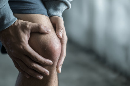 A person is holding their knee with both hands after sustaining an injury. The knee shows bruising. This scene takes place indoors with a neutral background.の素材