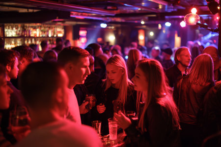 Guests socialize and drink as the party comes to an end in a busy bar. Music plays in the background while people mingle and enjoy each others company.の素材