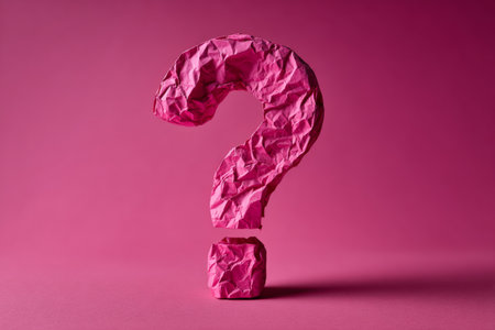 A large creased fuchsia paper question mark is placed centrally on a pink backdrop. The texture of the paper is visible, enhancing the design.の素材