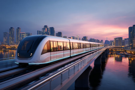 A train moves along a bridge in a city during sunset. The skyline features tall buildings, and the water reflects the evening light. The scene shows urban transport in action.の素材