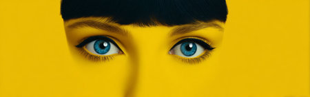 A person looks directly at the camera, showing blue eyes and dark hair. The background is a solid yellow color. This scene captures focus on facial features without distraction.の素材