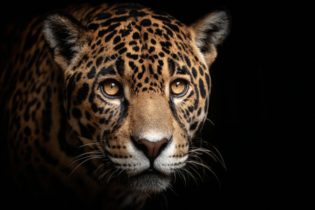 A close up of a jaguar with golden eyes looks directly forward against a dark background showing its shadows and features with great detail. The setting highlights the jaguars gaze.の素材