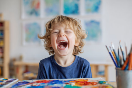 A boy with curly hair sits at a table covered in art supplies. He laughs joyfully while surrounded by colorful paintings and paintbrushes. The room has bright artwork hanging on the walls.の素材