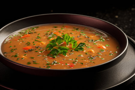 A bowl of soup filled with fresh vegetables and herbs is placed against a dark background. The ingredients are clearly visible and the presentation is inviting.の素材