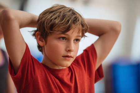 A young boy stands in a gym, putting his hands behind his head. He looks focused, ready for sports practice with friends. The atmosphere is busy with other kids around.の素材